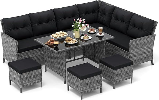 Tangkula 7 Pieces Patio Dining Furniture Set, Outdoor PE Rattan Sectional Sofa Set with Soft Cushions, Ottomans and Tempered Glass Table, Wicker Conversation Set (Mix Gray + Black)