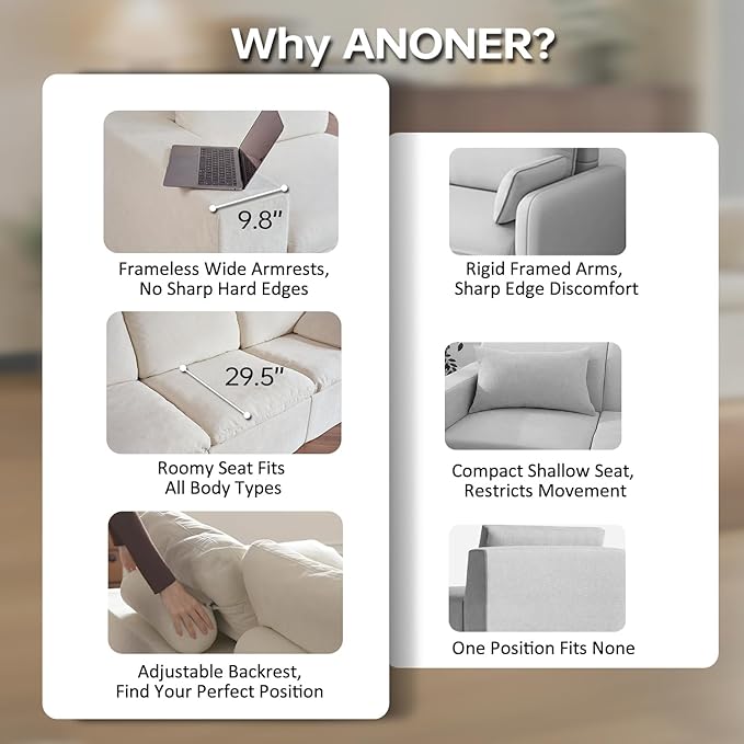 ANONER 78" Loveseat Sofa, Deep Seats, Cloud Sectional Couches for Living Room, 2 Seater Boneless Couch, Modern Modular Loveseats, No Assembly, Beige | Adjustable Backrest, Premium Chenille, 29.3" Deep Seat