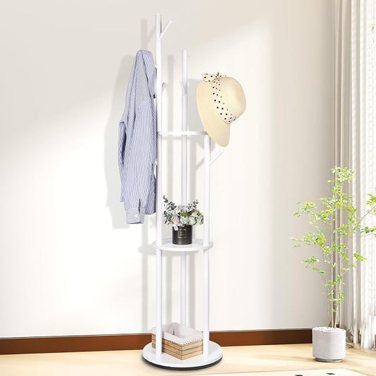 Wood Coat Rack with 3 Shelves and 9 Hooks, Freestanding Heavy Duty Rotary Coat Tree for Entryway, Bedroom, Living Room, Hallway – Holds Jackets, Coats, Hats, Bags (White) by Fengzhizhu