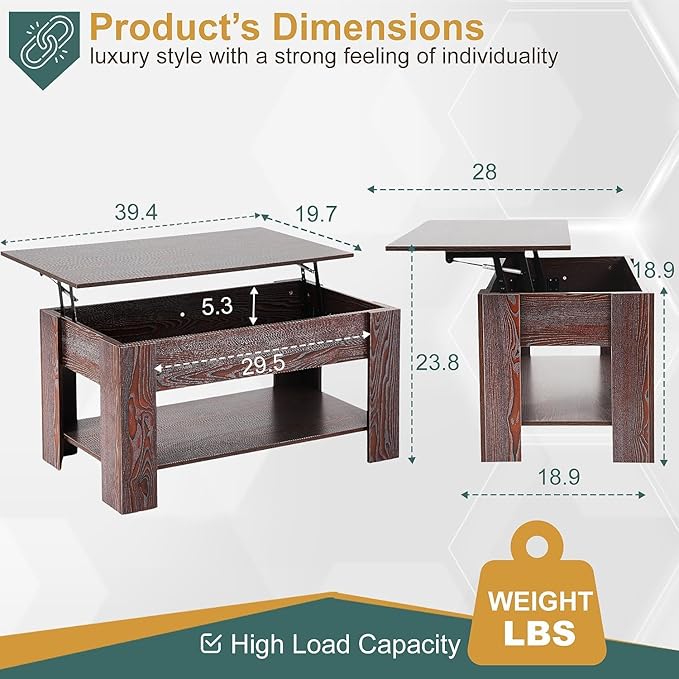 PayLessHere Coffee Table Lift Top Coffee Tables with Hidden Compartment and Storage Shelf Wooden Lift Tabletop Dining Table for Living Room Home (Espresso, 39" D x 28" W x 24" H)