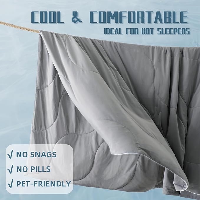 DOWNCOOL Cooling Comforter King Size, Grey Cooling Blanket for Hot Sleeper, Lightweight & Breathable Blanket for Night Sweats,Dual-Side Cooling Summer Bedding,106"X90"