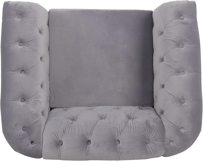 LEVNARY Velvet Chesterfield Chair, Mid-Century Modern Single Sofa Chair with Button Tufted Backrest and Nailhead Decor, Tufted Upholstered Rolled Armchair for Home Bedroom Reading Room (Gray)