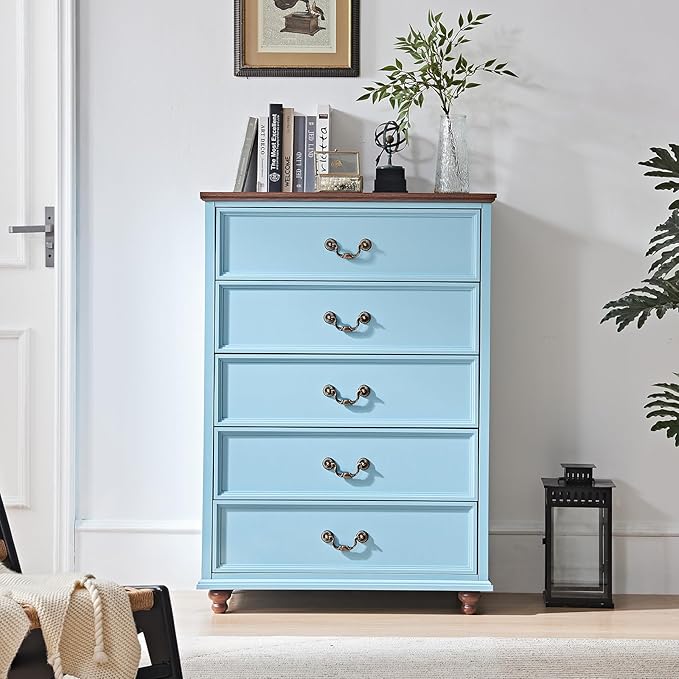 Joaxswe 24" Wide Farmhouse Nightstand Set of 2, 54" 7 Drawers Dresser, 45" Tall Rustic Chests of 5 Drawers w/ 4 Solid Wood Feet, Farmhouse Furniture Series for Living Room,Bedroom,LightBlue
