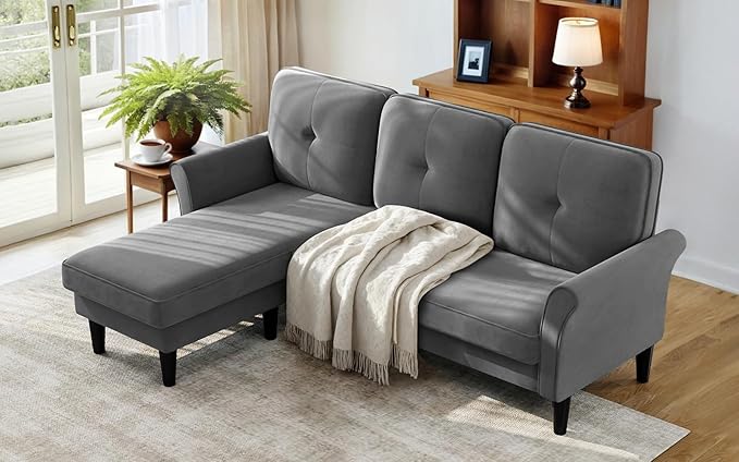 Sofas for Living Room, 83" Velvet Sectional Couch with Moveable Ottoman, Midcentury Modern Small Sectional Couch, L Shape Sofa & 3 Seater, Couches for Living Room, Apartment, Bedroom, Grey