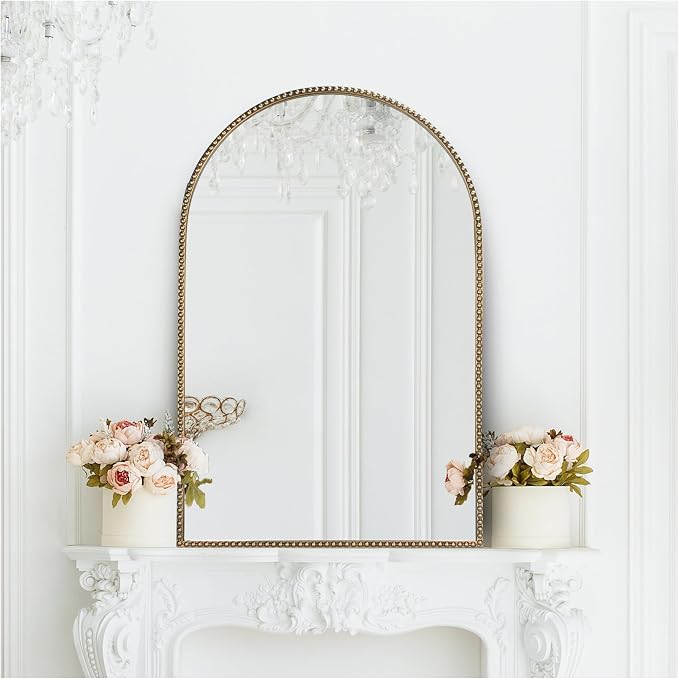 Antique Gold 24"x36" Arched Wall Mirror with Metal Beaded Frame - Decorative Accent Wall Mirror for Bathroom, Bedroom, Living Room, Entryway - Image 5