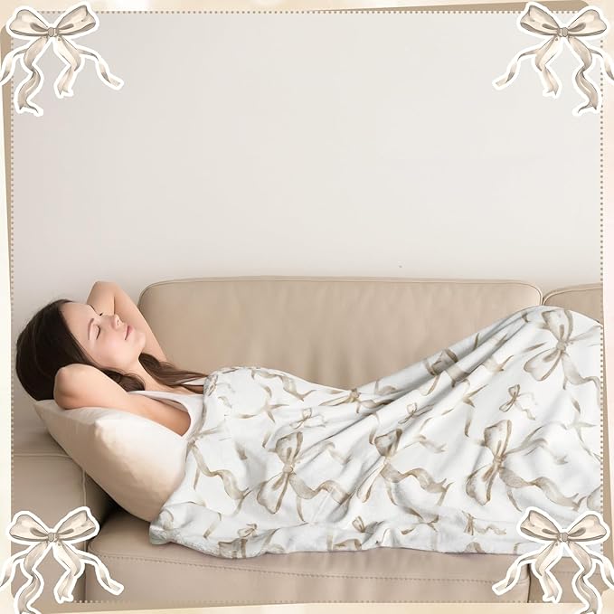 Buryeah Beige Bow Throw Blanket Valentine's Day Galentines Day Gifts Preppy Blanket Coquette 50 X60 Flannel Soft Cute Bow Lightweight Aesthetic Room Decor for Women Friends for Sofa Couch Travel Bed