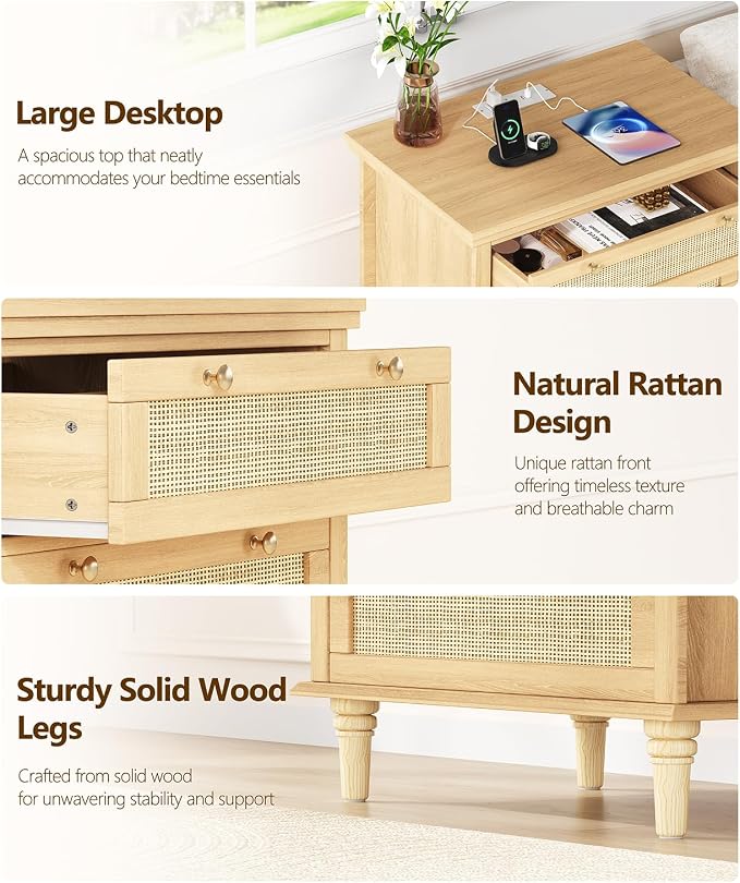 Keehusux Night Stand with 3 Large Storage Drawers, 26.8" H Rattan Nightstand with Charging Station, Boho Bedside Table with Round Handles, Wooden End Table for Bedroom, Natural Oak KES008MECTG - Image 7