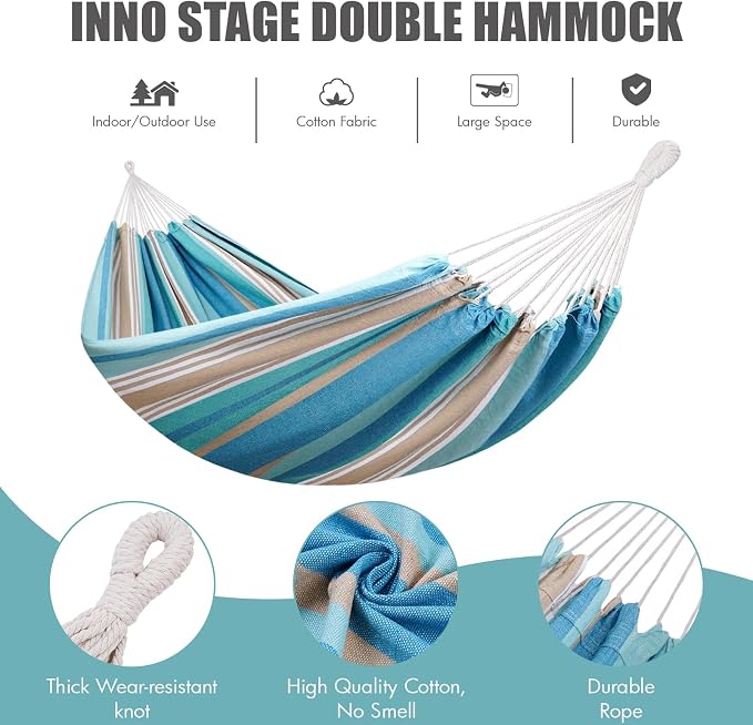 INNO STAGE 2 Persons Hammock with Tree Straps - Brazilian Double Hammocks, Portable Hanging Camping Bed for Patio, Backyard, Porch, Outdoor and Indoor Use Soft Cotton Carrying Bag, Blue, XX-Large - Image 6