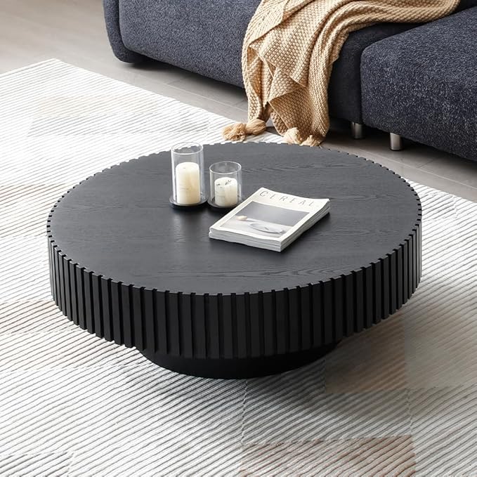 WILLIAMSPACE 39.4" Black Round Coffee Table, Modern Luxury Wood Circle Drum Center Table for Living Room, Accent Side End Table for Apartment, ø39.4'' x 13.4''H (Black)