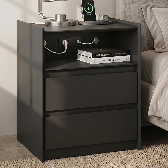 24" Tall Nightstand with Charging Station Including USB-C, Modern Bedside Table and Sofa End Table - Black, 2 Drawers, 1-Pack by FurniXpress