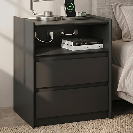 24" Tall Nightstand with Charging Station Including USB-C, Modern Bedside Table and Sofa End Table - Black, 2 Drawers, 1-Pack by FurniXpress
