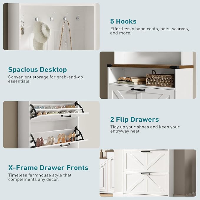 Farmhouse Shoe Cabinet with Coat Rack, Tall Shoe Cabinet with 2 Flip Drawers, Narrow Hidden Shoe Storage Cabinet, 2 in 1 Hall Tree Slim Freestanding Shoe Rack Organizer for Entryway, LED Light, White - Image 7