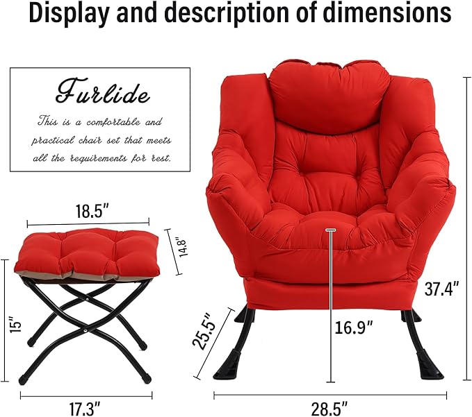 Furlide Lazy Chair with Ottoman, Modern Accent Chair with Armrests and a Side Pocket, Red Accent Chairs, Comfortable Reading Chairs, Oversized Armchairs for Bedroom, Study, Living Room, Courtyard
