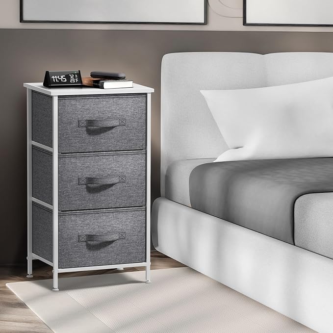Sorbus Nightstand with 3 Drawers - Bedside Furniture & Night Stand End Table Dresser with Steel Frame, Wood Top, Easy Pull Fabric Bins for Home, Bedroom Accessories, Office & Dorm - Image 2