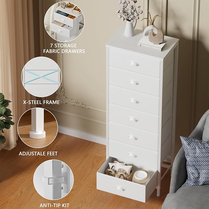 Furnulem White Tall Dresser for Bedroom with 7 Drawers, Vertical Chest of Drawer in Closet, Nightstand Storage Tower Unit Organizer with Fabric Bins for Dorm,Living Room,Entryway,Hallyway - Image 5