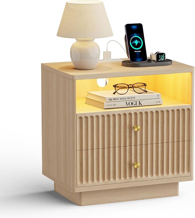 PAPROOS 23'' Fluted Nightstand with Charging Station, Modern Bedside Table with Motion Sensor LED Light, 2-Drawer Storage Cabinet for Bedroom & Home Office (1pc Natural Wood) by CalmDesignQuietRefinement