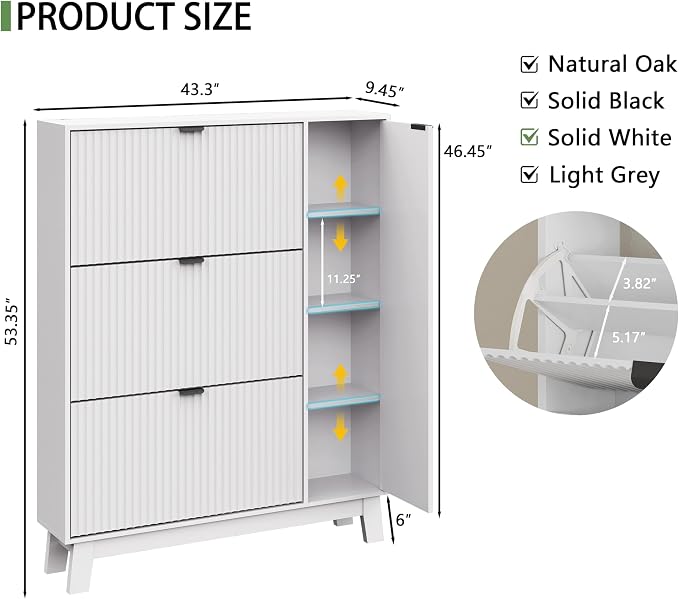 Xixini Shoe Cabinet with 3 Flip Drawers, 54" Tall Narrow Fluted Shoe Storage Organizer for Entryway, Hidden Wooden Shoe Rack with Adjustable Side Cabinet for Front Door Entrance, Hallway, Solid White - Image 2
