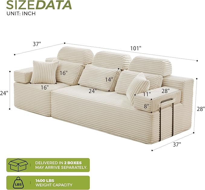 101" 3 Seater Sofa Cloud Modular Sectional Sofa with Chaise & Headrest, Boneless Deep Seat Plush Corduroy Couches for Living Room, No Assembly Required (White, 101" 3 Seater)
