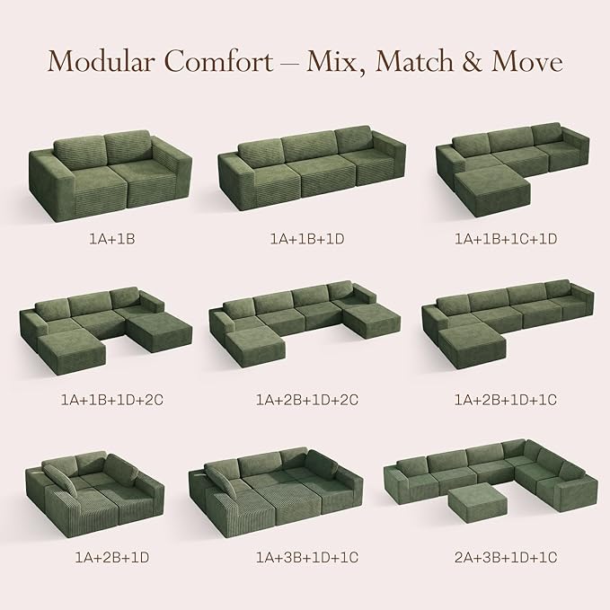 Vesgantti 119" L-Shaped Modular Sectional Sofa, Corduroy Cloud Couch with Deep Seating & Spring Support, Flexible Layout Sofa with Ottoman, Boneless Style, No Assembly Required, Green