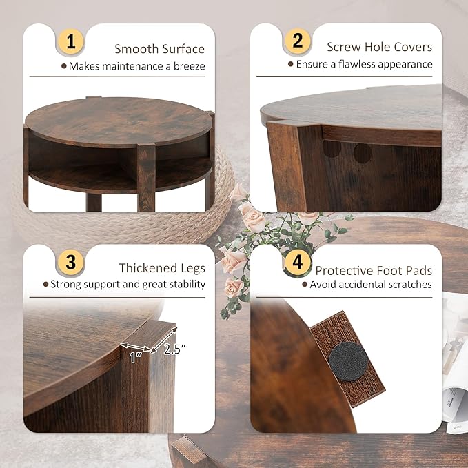 Tangkula Round Coffee Table, 29.5” 2-Tier Circle Cocktail Center Table with Storage Shelves, for Small Spaces, Living Room (Rustic Brown)