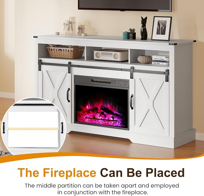 RoyalCraft Farmhouse Fireplace TV Stand, Entertainment Center for 65+ Inch TV with 23" Electric Fireplace, Modern Rustic TV Console with Sliding Bar Door for Living Room, White - Image 8