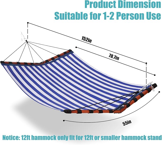 TegerDeger 12FT 2 Person Hammock Large Hammock Quick Dry 450LB Capacity with V Shaped Hardwood Spreader Bar & Nylon Rope for Outside, Patio, Garden, Backyard, Beach, Poolside - Blue Stripes - Image 6