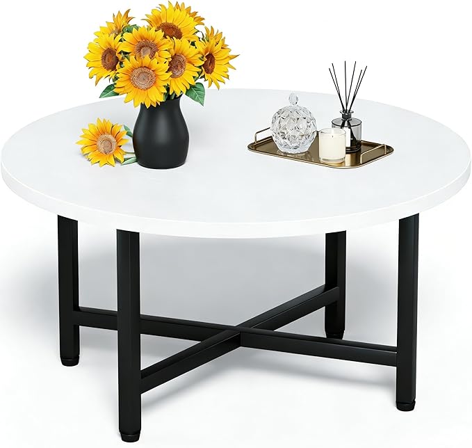Coffee Table, 23.6" Small Coffee Tables, Gray Round Coffee Tables for Living Room, Floor Table for Sitting on The Floor, Center Coffee Table with Metal Frame for Office Apartment Home, White