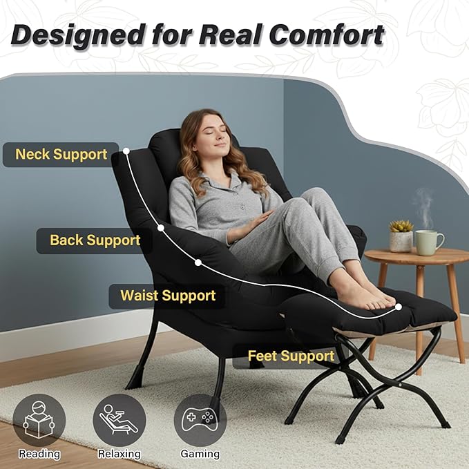Cozy Lazy Chair and Ottoman, Large Peach Black Contemporary Accent Chair Set, Leisure Upholstered Reading Armchair for Office, Bedroom, Living Room, Dorm Rooms, Balcony