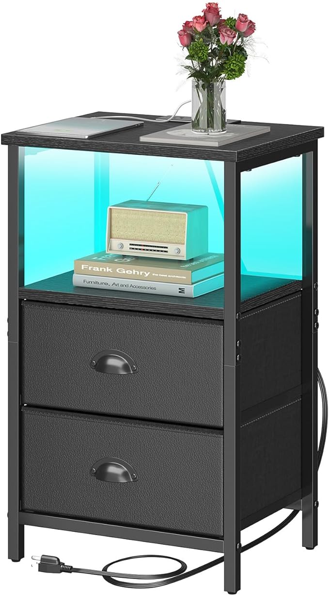 sthmec Nightstand with Charging Station, Night Stand with 2 Fabric Drawers PU Finish, Bedside Table End Table with LED Light, 3-Tier Storage Side Table Nightstand with Drawers for Bedroom,Black by Unknown