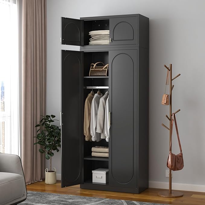 SteeLoong 86" Metal Armoire Wardrobe Closet with Doors,Tall Clothing Storage Cabinet with Adjustable Shelves and Hanging Rod,Black Wardrobe Closet for Bedroom,Home,Office,Gym