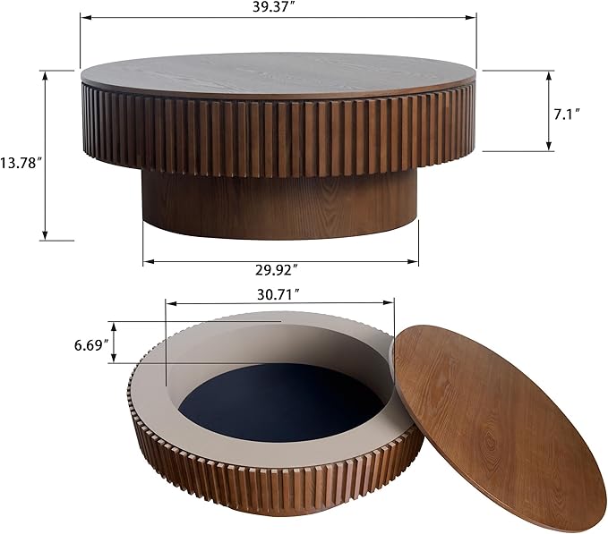 39.37'' Round Coffee Table with Storage, Solid Wood Veneered Modern Drum Coffee Table Accent Tea Table for Living Room, Bedroom, Apartment or Office-Walnut
