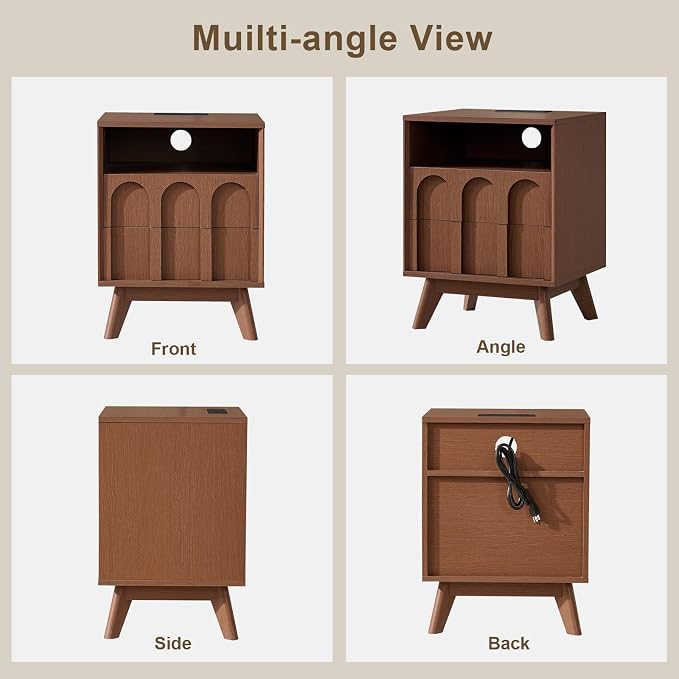 Oak&Sparrow Nightstand with Charging Station, Mid Century Modern Arched Bedside Table, 2 Drawer Wood End Table for Bedroom, Walnut - Image 8