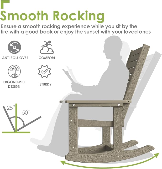GREENVINES Outdoor Rocking Chairs | Set of 2 | Porch Rocker | HDPE Plastic | Wood Grain | Oversized Rockers | High Back | Big & Tall | Ladder Back | Desert Brown | for Patio Outside - Image 4