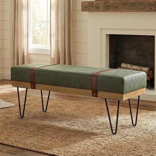 LukeAlon 44" Green PU Leather Ottoman Bench, Modern Upholstered Storage with Industrial Hairpin Legs for Entryway, Bedroom & Living Room Christmas Green by LukeAlon