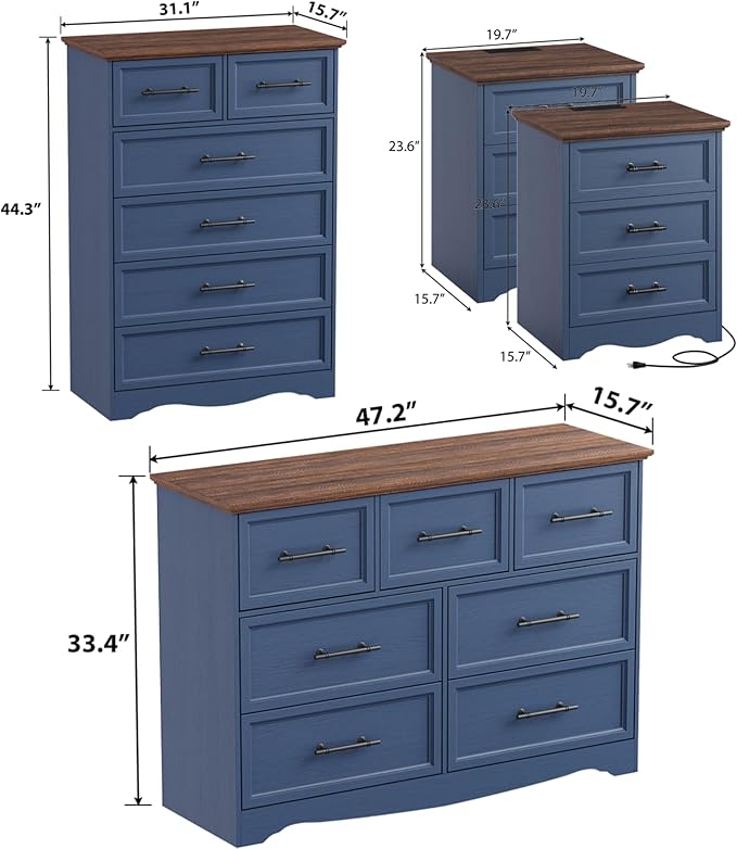 Bedroom Set, 4 Pieces Bedroom Furniture Set, 47"W 7 Drawer Dresser, 44"H 6 Drawer Dresser and 3 Drawers Nightstands with Charging Station, Farmhouse Storage Organizer Cabinet for Bedroom, Blue