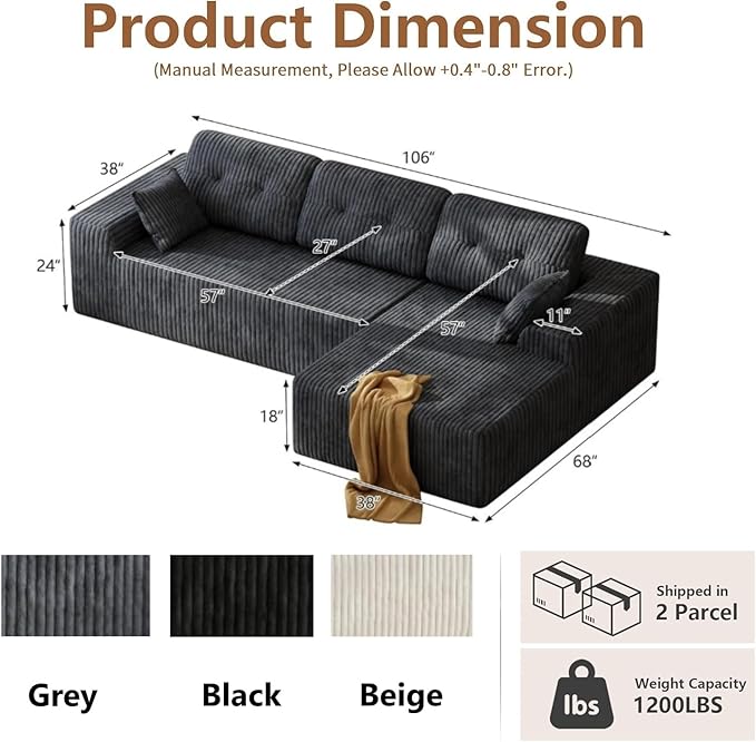 Ball & Cast Cloud Couch Sectional with L-Shaped Chaise,106''Corduroy Upholstered Modular Sectional Sofa,Deep Seat Sectional Couches for Living Room,No Assembly Required,Right Facing Chaise (Grey)