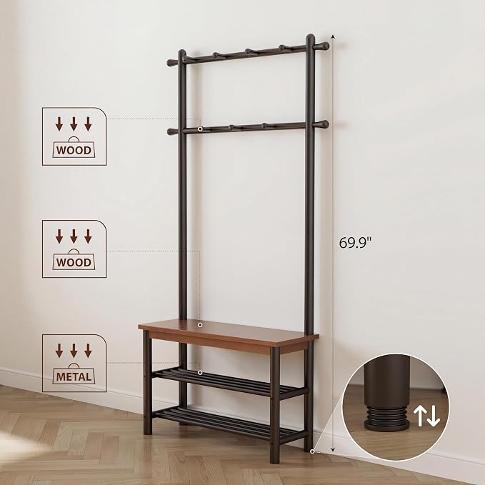 Coat Rack with Shoe Storage, Wood and Metal Frame, Entryway Hall Tree with Bench, Featuring 11 Hooks and 2-Tier Storage Shelves, 3-in-1, Entry Bench with Coat Rack (31.5" Walnut) - Image 5