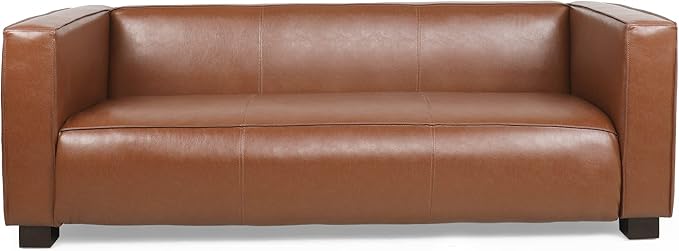 Goyette 3 Seater Sofa - Faux Leather - Cognac Brown/Dark Walnut