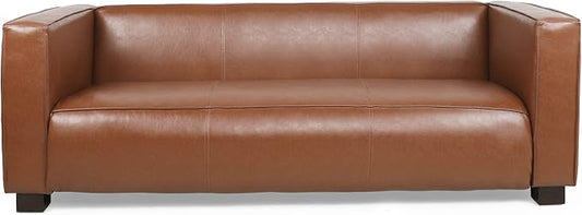 Goyette 3 Seater Sofa - Faux Leather - Cognac Brown/Dark Walnut