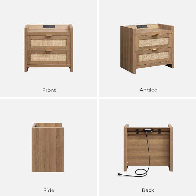 SICOTAS Rattan Nightstand End Table - Night Stand Bedside Table with Type-C Charging Station, 2 Drawers Storage - Boho Night Stands for Bedroom - Natural Oak - Image 9