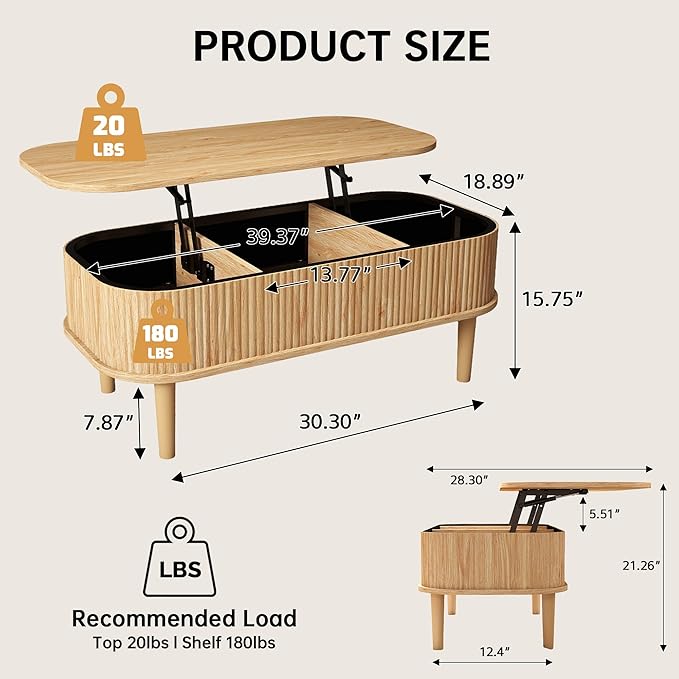 Coffee Table, Fluted Lift Top Coffee Tables for Living Room, Center Tables with Hidden Compartment, Modern Oval Coffee Table for Home Office, Natural