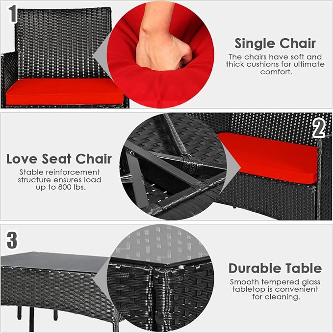 8 Pieces Patio Furniture Set, Outdoor Conversation Set with Ergonomic Curved Backrest, Patio Chair Set with Water-Resistant Cushion & Tempered Glass Table for Balcony,Porch,Poolside(Red)