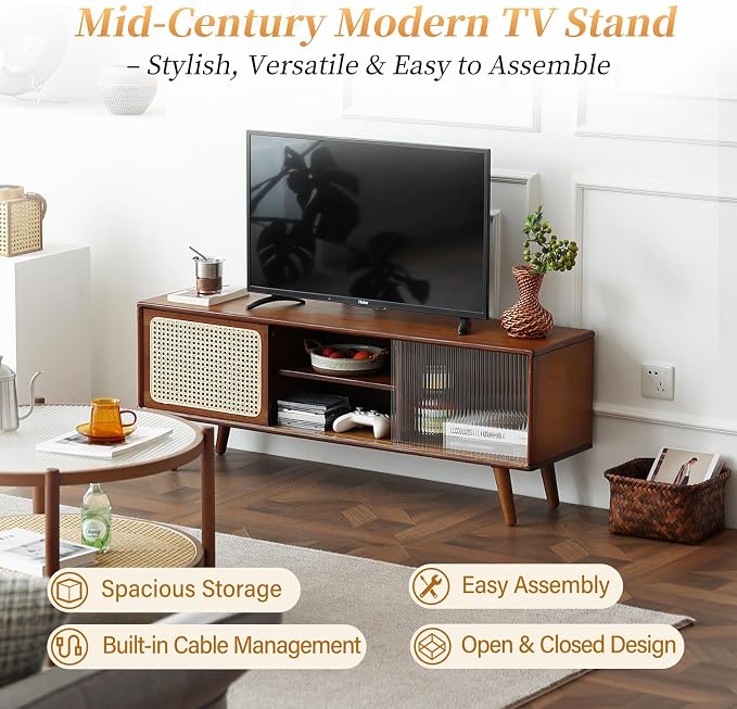Tiita Rattan TV Stand for 55 Inch TV, Bamboo TV Cabinet with Adjustable Shelf and Storage, Boho Entertainment Center, Mid Century Modern Media Console for Bedroom, Living Room, Study, Walnut - Image 3