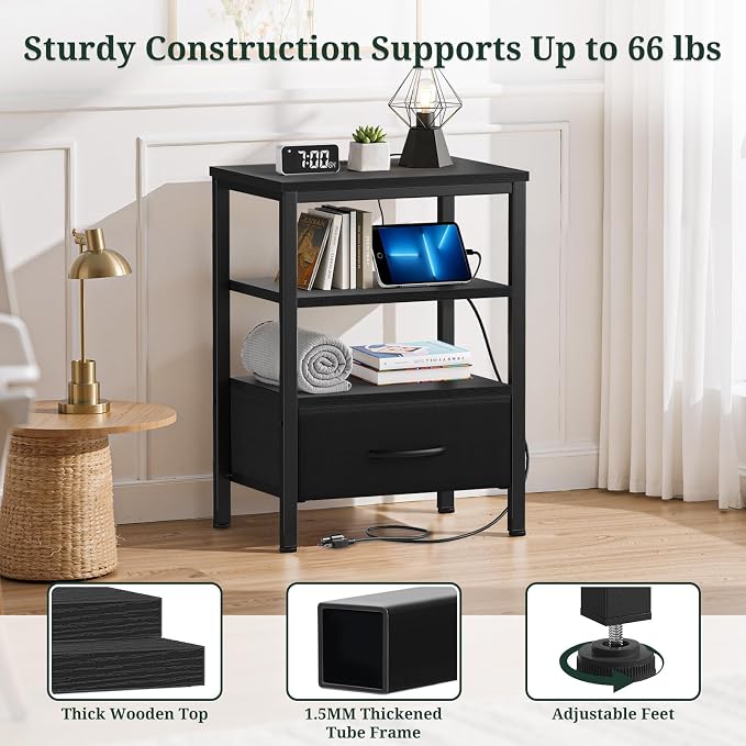 Nightstand Set of 2 with Charging Station, Bedside Table with USB Ports & Outlets, Small Dresser End Table with Fabric Drawer and Open Storage Shelf, Wooden Top for Bedroom, Black - Image 5