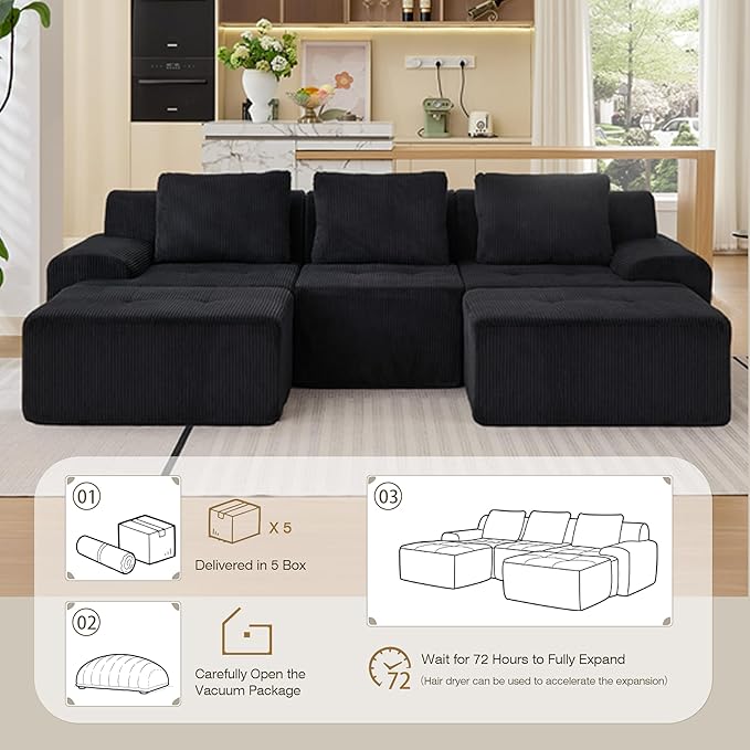 Modular Sectional Sofa, 6 Seat Modular Couch, Modular Sofa with Deep Seat and Detachable Pillow (Black, 5 Pieces-U Shape)