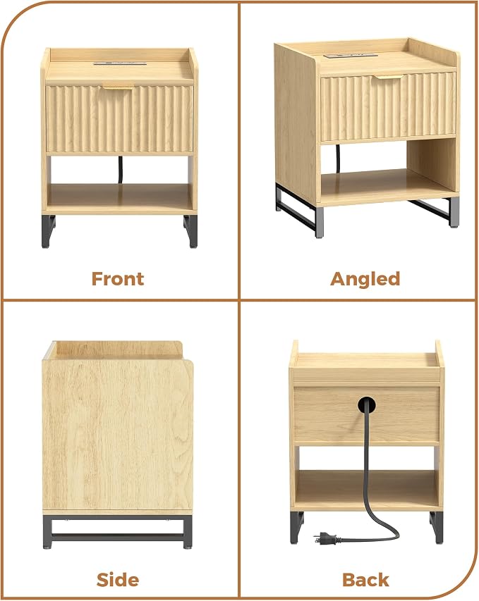 Fluted Night Stand with Charging Station, Wood Nightstand with Large Drawer and Open Storage Cabinet, Mid-Century Modern Bedside Table End Table for Bedroom Closet Office - Image 7