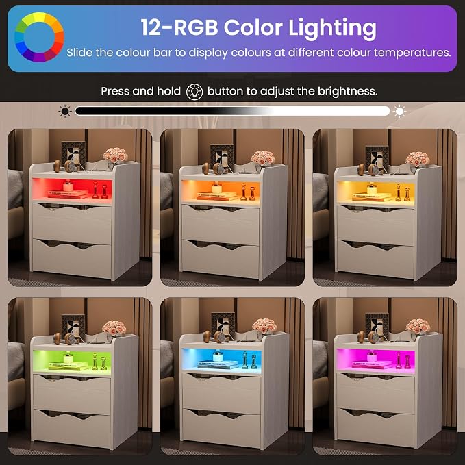 Nightstand with Wireless Charging Station, 12-RGB Color Night Stand with USB Ports and Type-C, 23.6" H Bedside Table with 1 Cabinet & Drawer, Small End Table for Bedroom (White) - Image 5