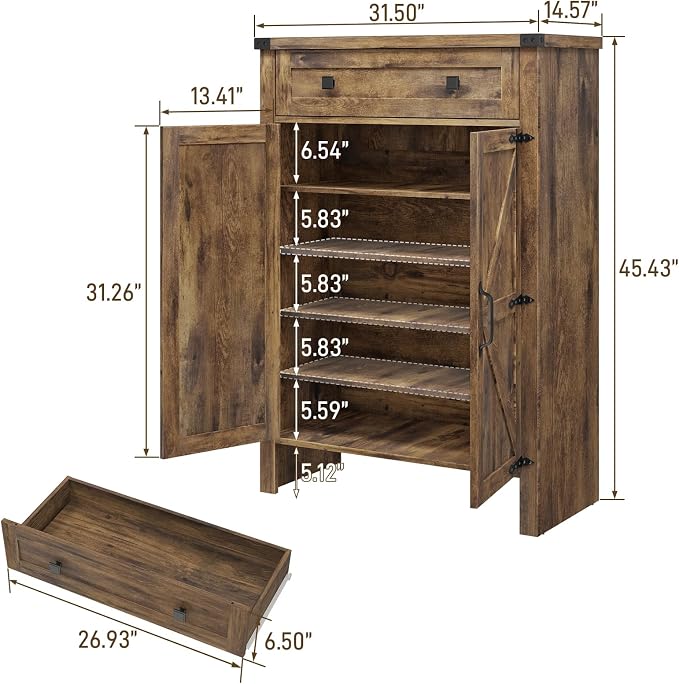Halitaa Shoe Cabinet, Farmhouse Shoe Storage Organizer, Shoe Storage Cabinet with Doors & Drawer, Boots High-Shoe Cabinet Organizer for Entryway Living Room Hallway, Brown - Image 2