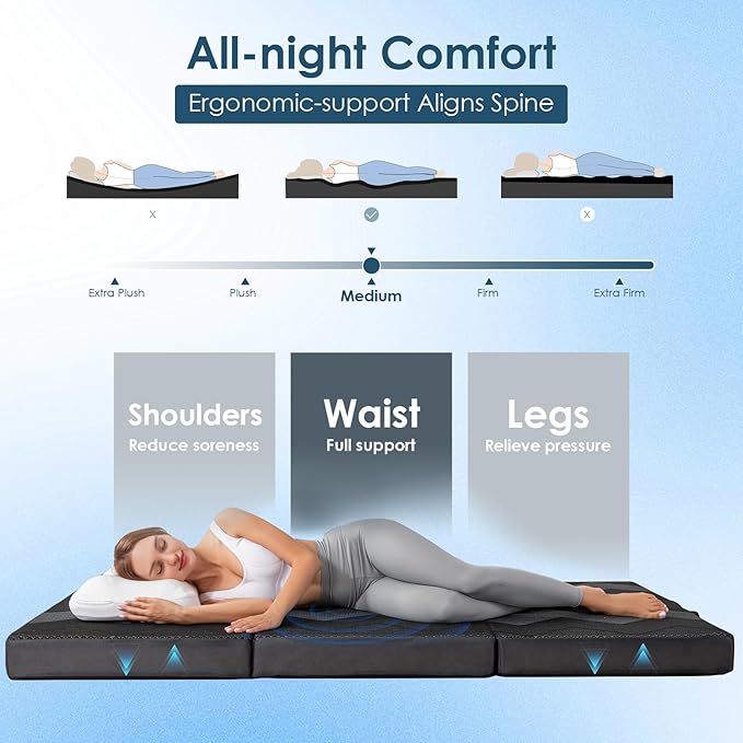 INGEROOM Foldable Mattress Queen - Memory Foam 4 inch Trifold Mattress for Camping, with Portable Handle, Non-Slip Folding Floor Bed Sofa for Guest Travel Yoga, Washable Breathable Cover