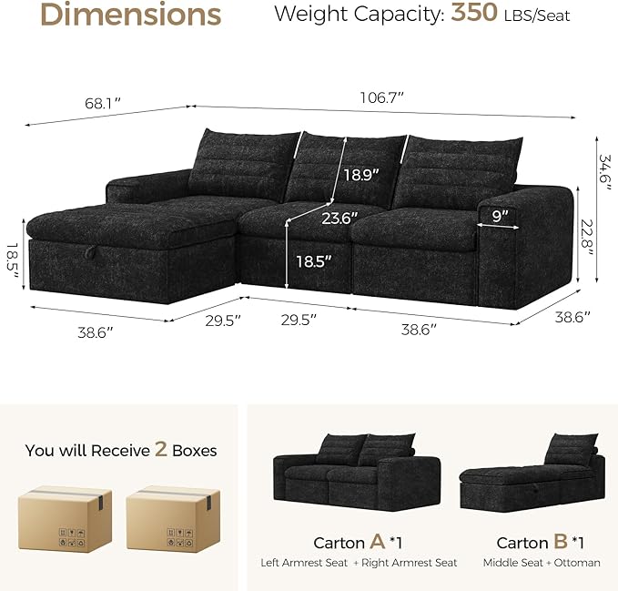 106.7" Modular Sectional Sofa with Deep Seat, L Shaped Cloud Couch for Living Room, 3-Seater Modern Boneless Sofa with Movable Ottomans, Removable Cover, No Assembly Required, Graphite Black